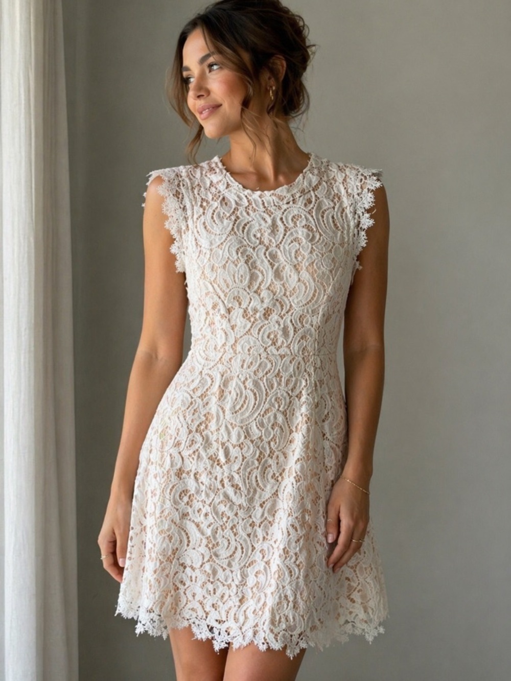 Francescas Ivory Lace Mini Dress Bridal Cottagecore Cap Sleeve Cream XS